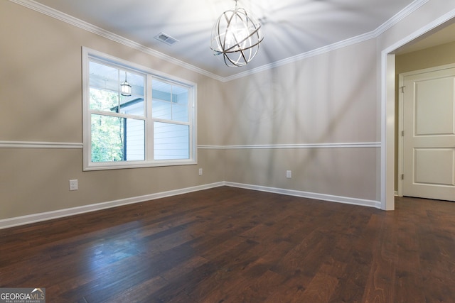 unfurnished dining area with dark wood-type flooring, a chandelier, and ornamental molding