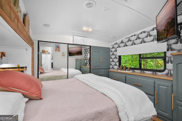 bedroom featuring a closet and lofted ceiling