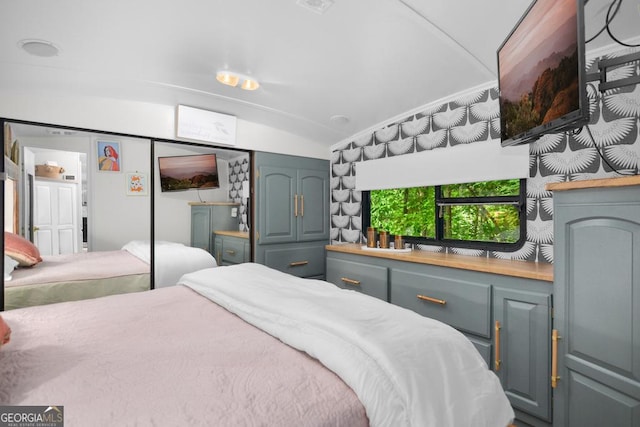 bedroom featuring a closet and vaulted ceiling