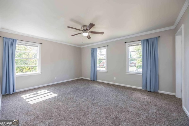 empty room with carpet, ceiling fan, and crown molding