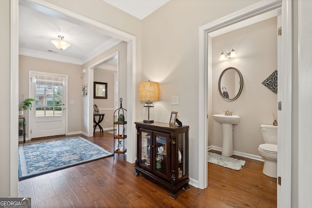 foyer featuring sink, dark hardwood / wood-style flooring, and crown molding