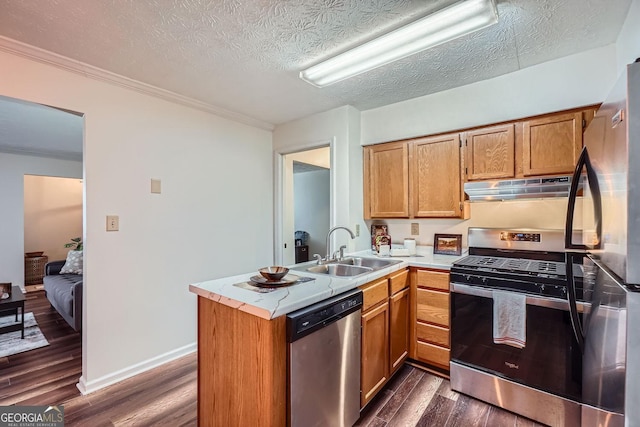 kitchen featuring kitchen peninsula, appliances with stainless steel finishes, a textured ceiling, crown molding, and sink