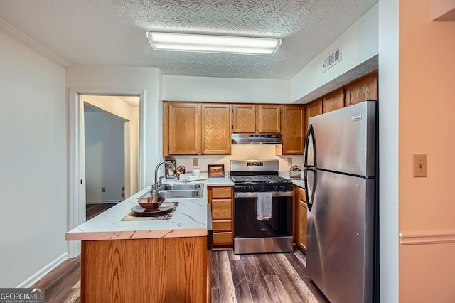 kitchen featuring dark hardwood / wood-style flooring, sink, a textured ceiling, and appliances with stainless steel finishes