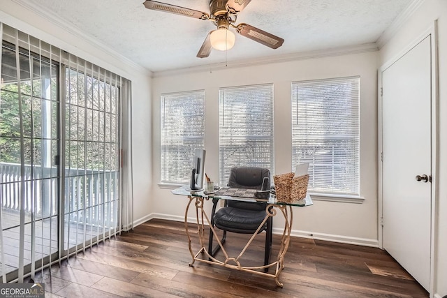 office area with ceiling fan, dark hardwood / wood-style flooring, a textured ceiling, and ornamental molding