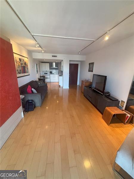 living room with light hardwood / wood-style flooring and track lighting