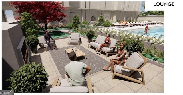 view of patio featuring a fenced in pool and outdoor lounge area