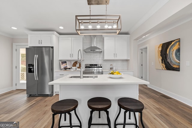 kitchen featuring white cabinets, appliances with stainless steel finishes, decorative backsplash, and wall chimney exhaust hood