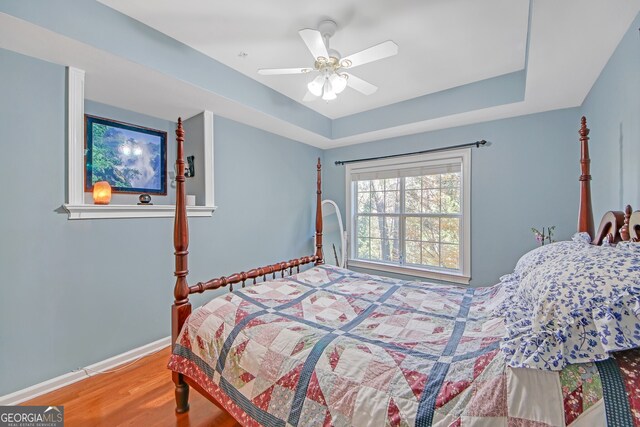 bedroom with a raised ceiling, ceiling fan, and wood-type flooring