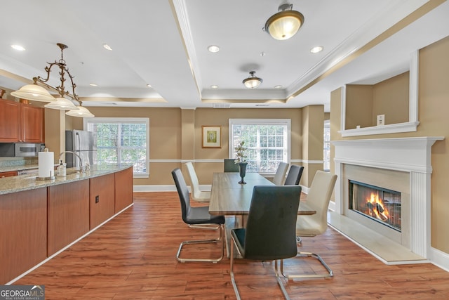 recreation room with a tray ceiling, light hardwood / wood-style flooring, ceiling fan, and pool table