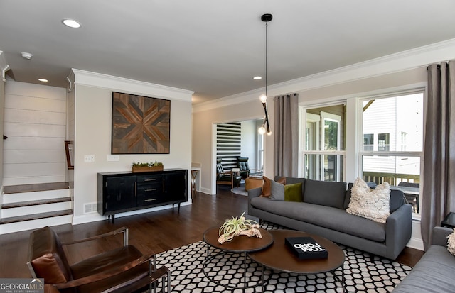 living room with dark hardwood / wood-style flooring and ornamental molding