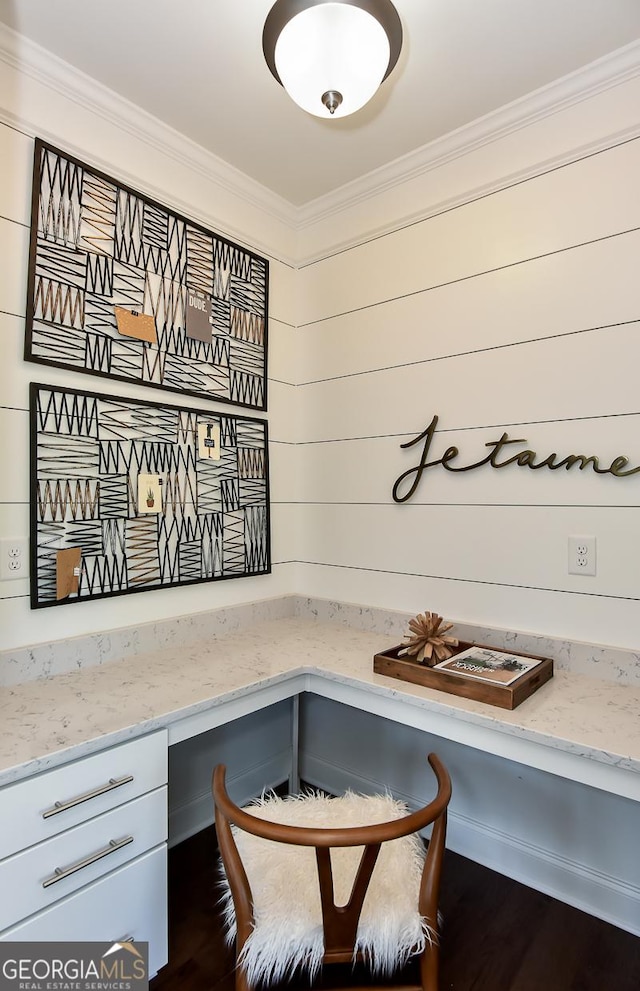 office featuring crown molding and dark wood-type flooring