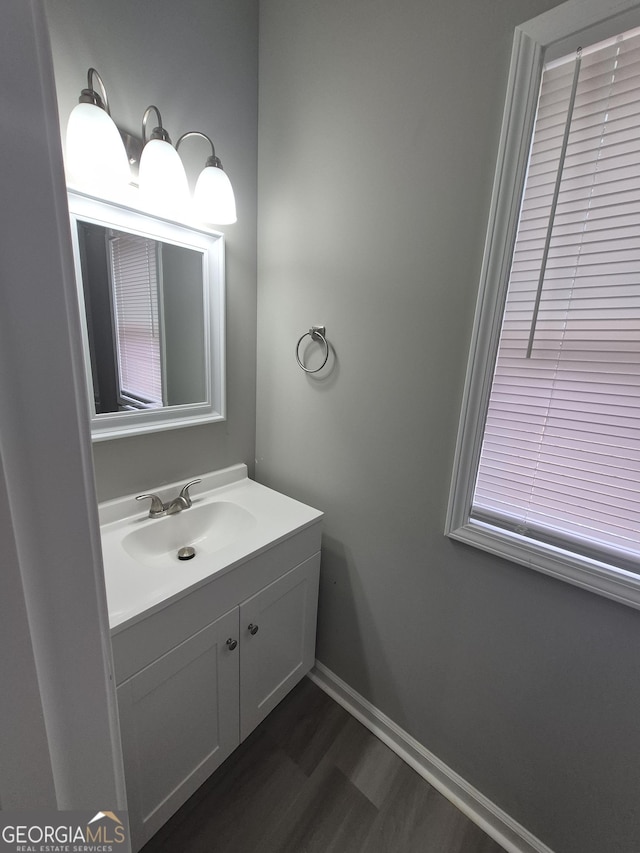 bathroom featuring vanity and wood-type flooring