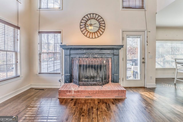 interior details featuring hardwood / wood-style floors and a fireplace