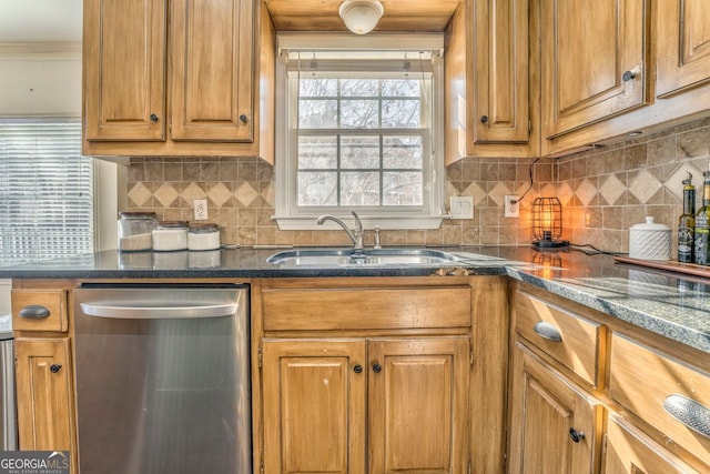 kitchen with backsplash, crown molding, dishwasher, and sink