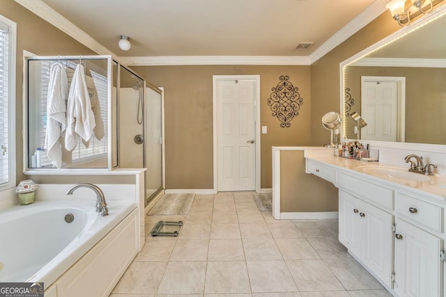 bathroom with crown molding, tile patterned flooring, vanity, and shower with separate bathtub