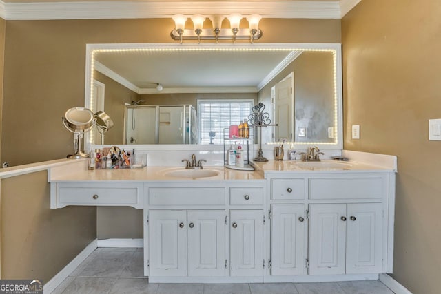 bathroom with vanity, an enclosed shower, and ornamental molding