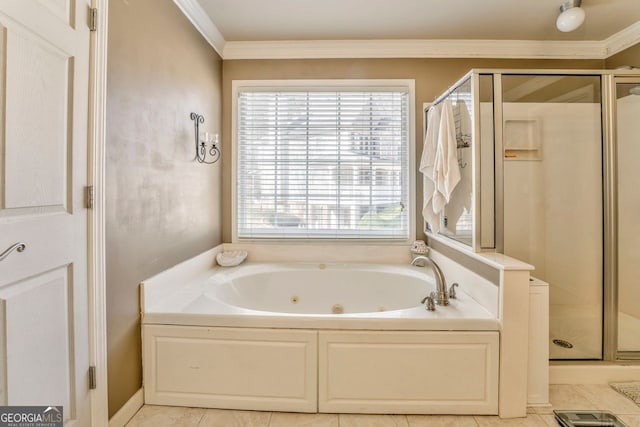 bathroom featuring tile patterned floors, ornamental molding, and shower with separate bathtub