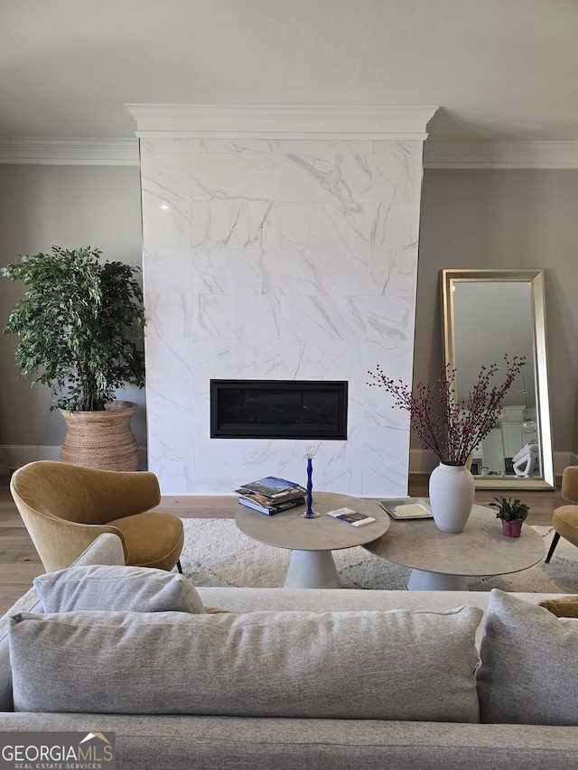 living area with ornamental molding, a high end fireplace, and wood finished floors