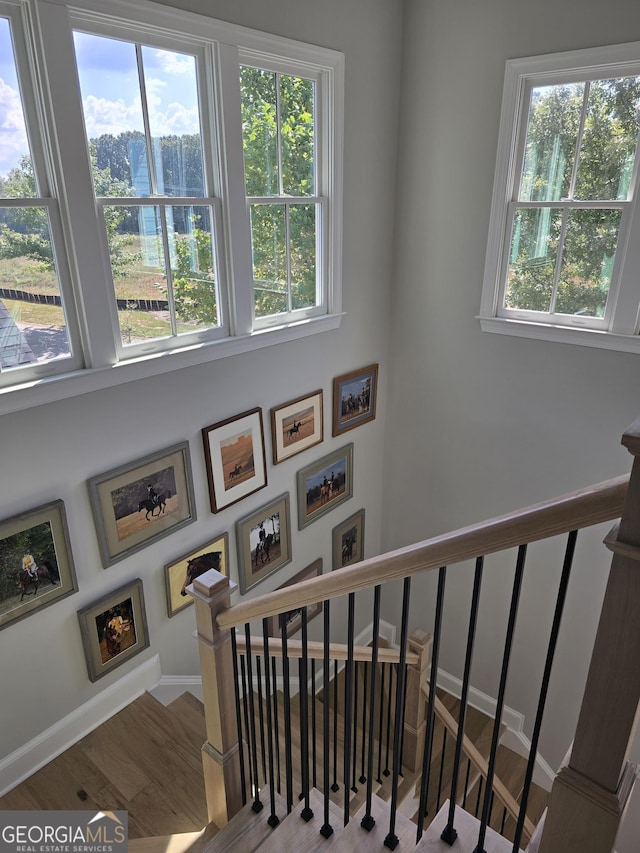 staircase featuring a healthy amount of sunlight, baseboards, and wood finished floors