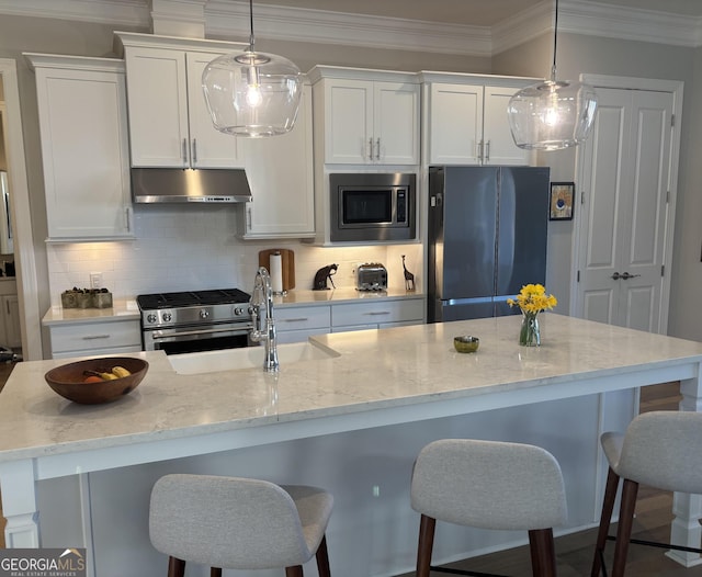 kitchen featuring crown molding, stainless steel appliances, backsplash, a sink, and under cabinet range hood