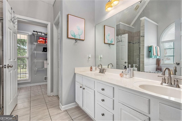 bathroom featuring tile patterned flooring, plenty of natural light, a shower with shower door, and vanity