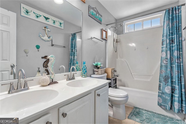 full bathroom featuring tile patterned floors, vanity, toilet, and shower / bathtub combination with curtain