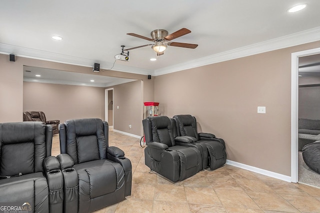 home theater featuring ceiling fan and crown molding