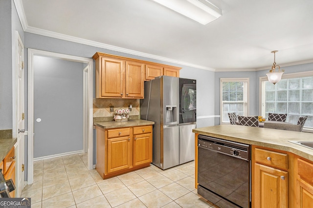 kitchen featuring stainless steel fridge, crown molding, black dishwasher, and hanging light fixtures