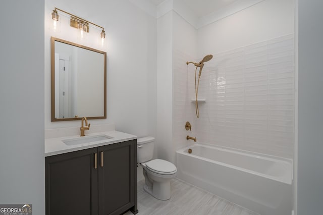 full bath featuring shower / bathtub combination, vanity, and toilet