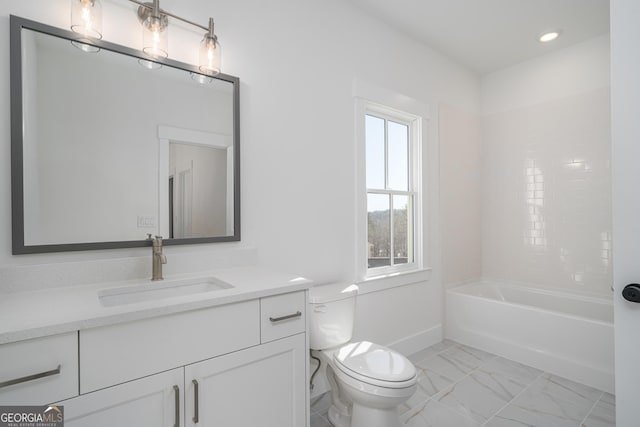 bathroom featuring toilet, recessed lighting, vanity, baseboards, and marble finish floor