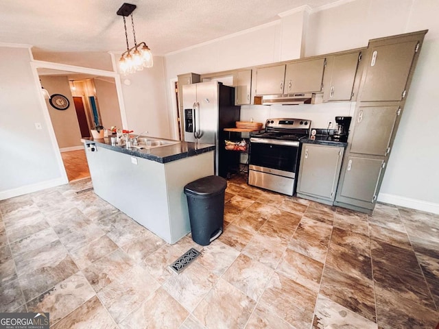 kitchen featuring gray cabinets, pendant lighting, a chandelier, and appliances with stainless steel finishes