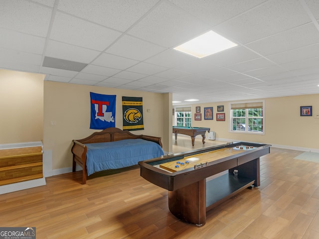 game room featuring hardwood / wood-style flooring, a drop ceiling, and billiards