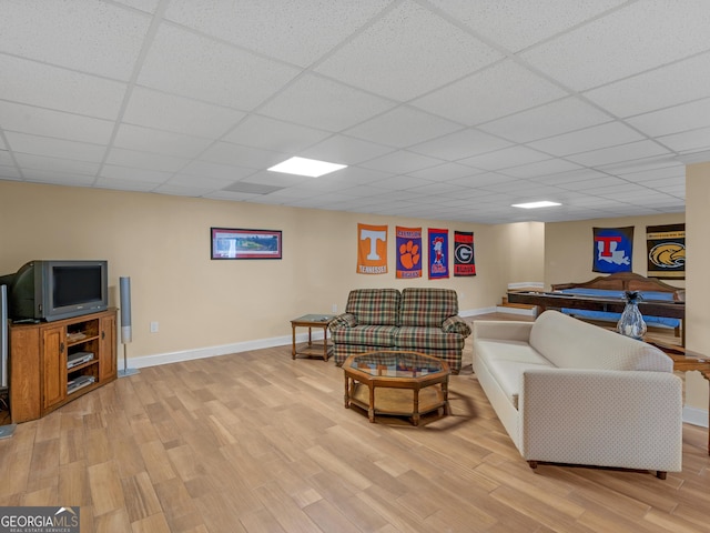 living room featuring a paneled ceiling, light hardwood / wood-style flooring, and billiards