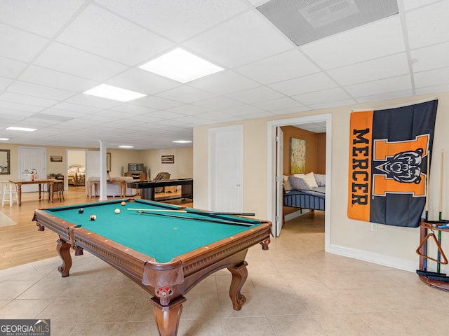 rec room featuring a drop ceiling and billiards