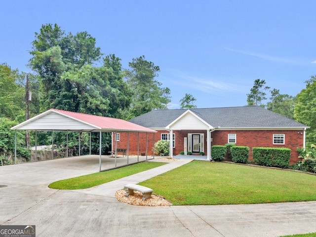 single story home with a front yard and a carport