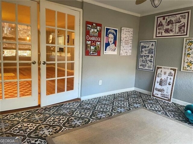 interior space featuring ceiling fan, french doors, and ornamental molding