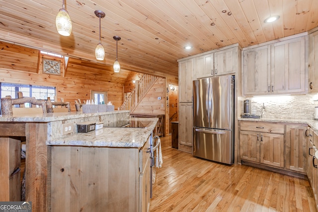 kitchen with freestanding refrigerator, wood ceiling, light wood-style floors, recessed lighting, and hanging light fixtures