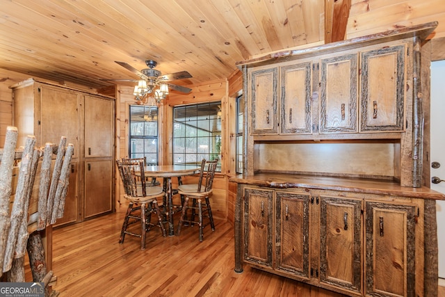 dining room with a ceiling fan, light wood-style flooring, wooden ceiling, and wooden walls