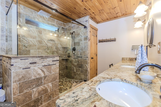 full bath with wooden ceiling, walk in shower, and double vanity