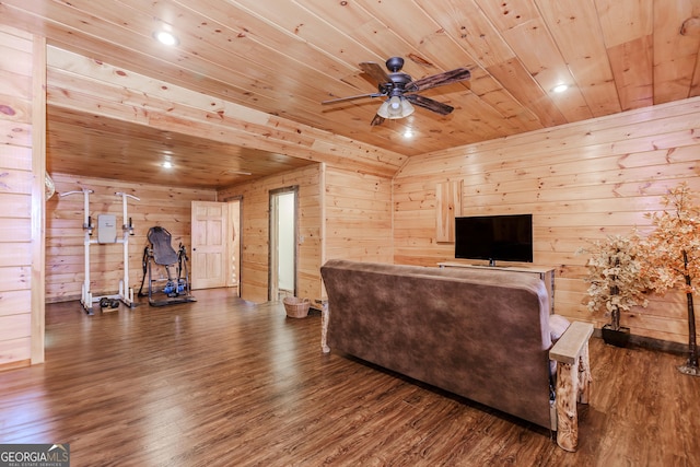 living room featuring wood ceiling, wooden walls, wood finished floors, a ceiling fan, and recessed lighting