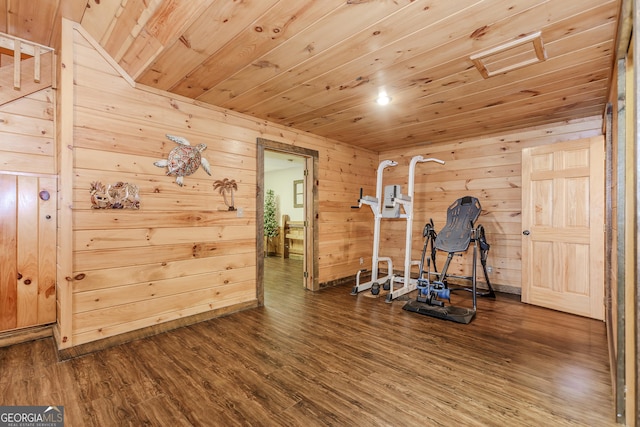 exercise area with wooden ceiling, wood finished floors, and wood walls