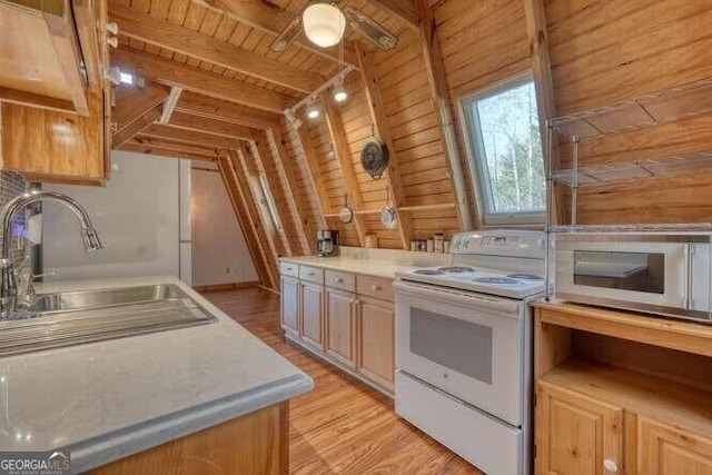 kitchen featuring wood walls, wooden ceiling, a sink, and white electric range oven