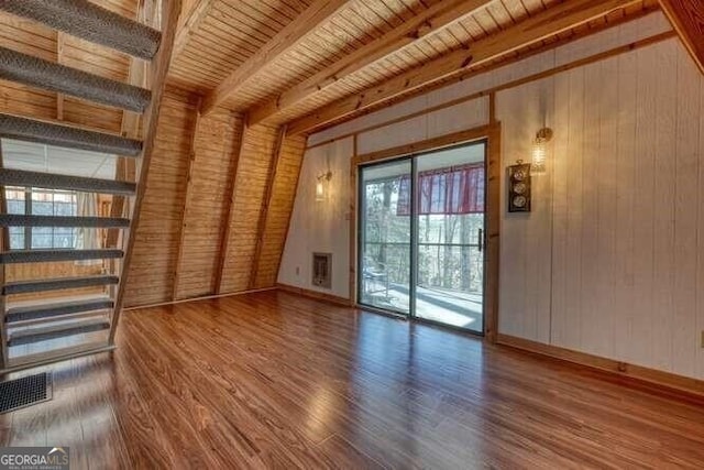 spare room featuring wood ceiling, beam ceiling, visible vents, and wood finished floors