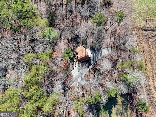 birds eye view of property featuring a wooded view