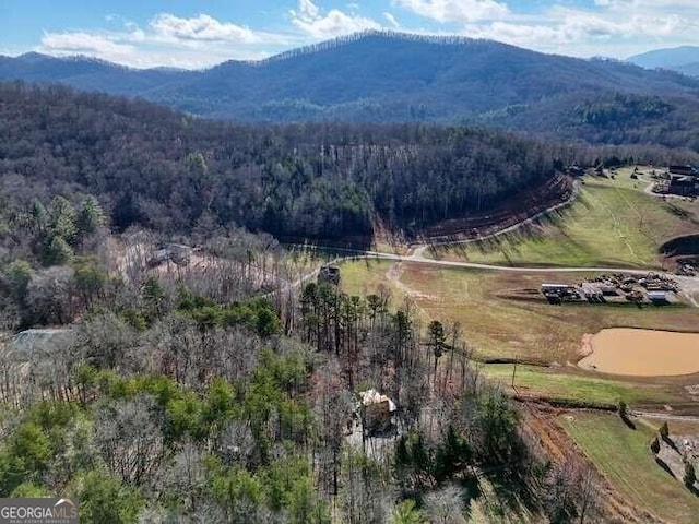 birds eye view of property featuring a mountain view and a view of trees