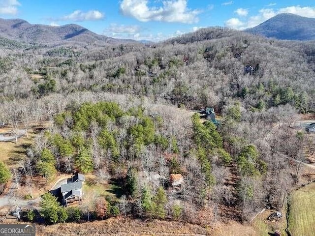 birds eye view of property with a forest view and a mountain view