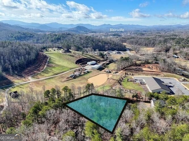 bird's eye view with a mountain view and a view of trees