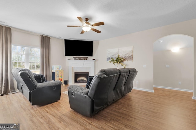 living room featuring hardwood / wood-style flooring and ceiling fan