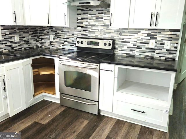 kitchen with extractor fan, decorative backsplash, white cabinetry, and stainless steel electric range oven