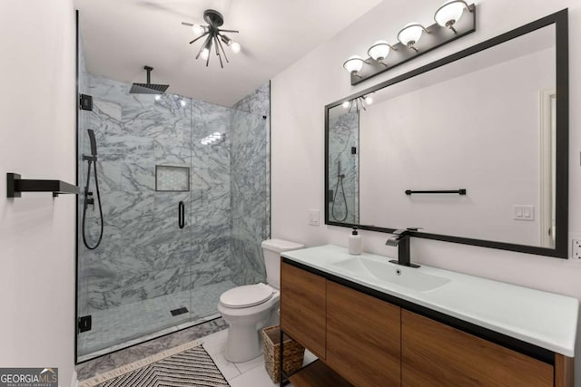 bathroom with walk in shower, vanity, a chandelier, and toilet